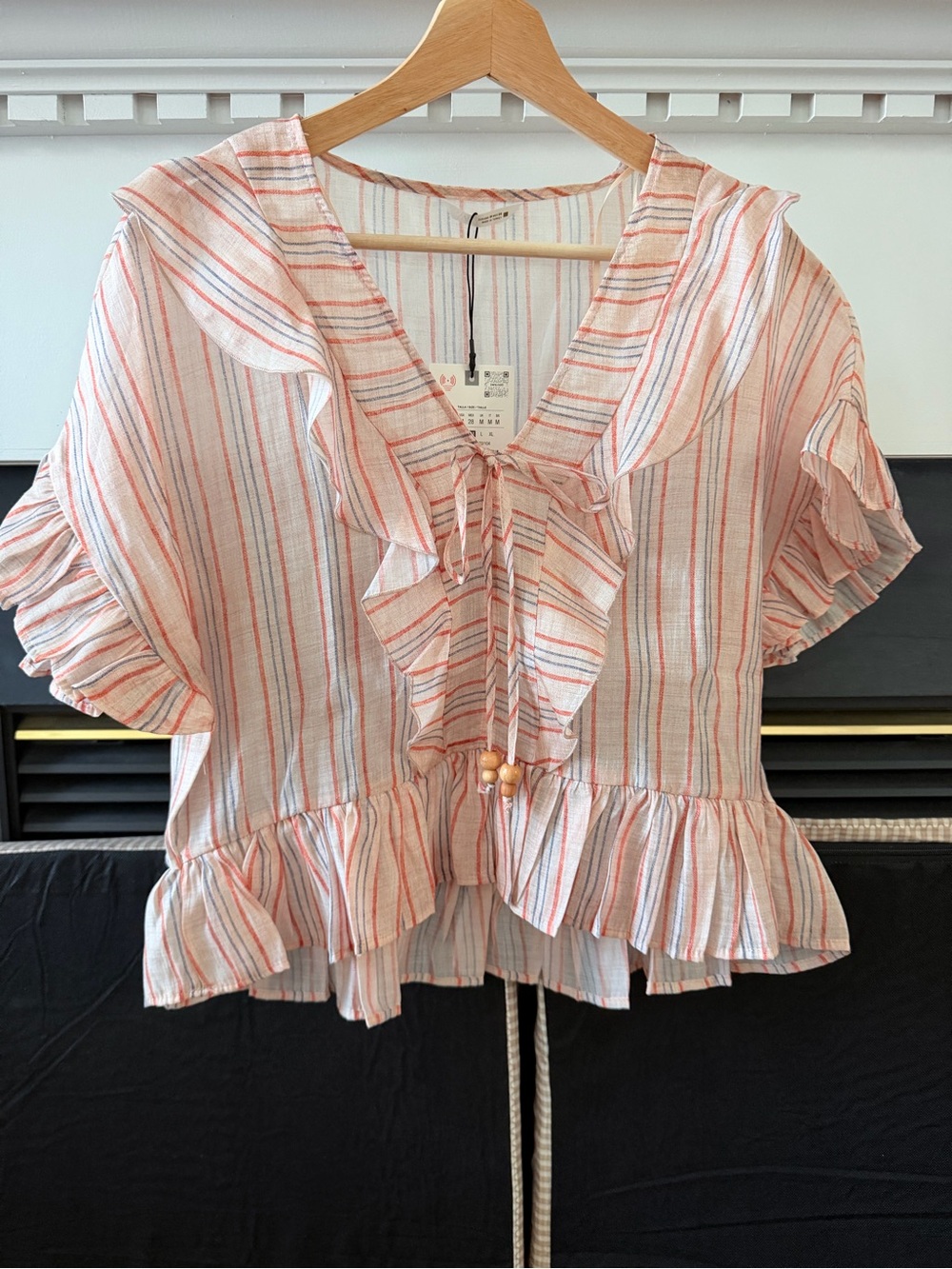 ZARA Women's Pink Stripe Ruffle Tie-Front Top NWT M